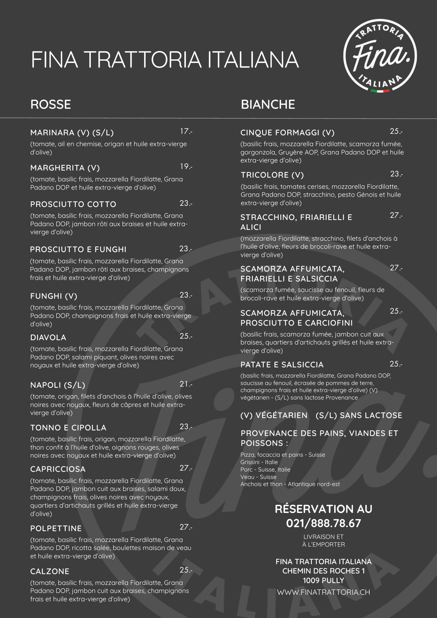 Menu de pizza du restaurant Fina Trattoria Italiana situé à Pully Switzerland